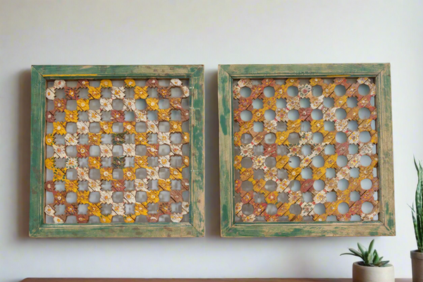 Set of Two, Antique Multicolor Lattice Windows