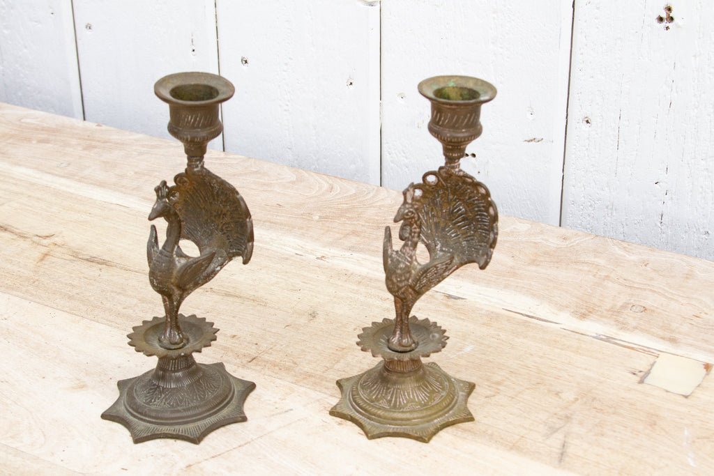 Pair of Engraved Brass Peacock Candle Holders
