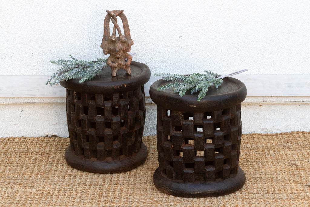 Set of 2, Bamileke Carved Geometric Lattice End Tables