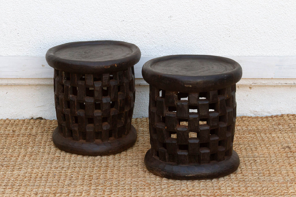 Set of 2, Bamileke Carved Geometric Lattice End Tables