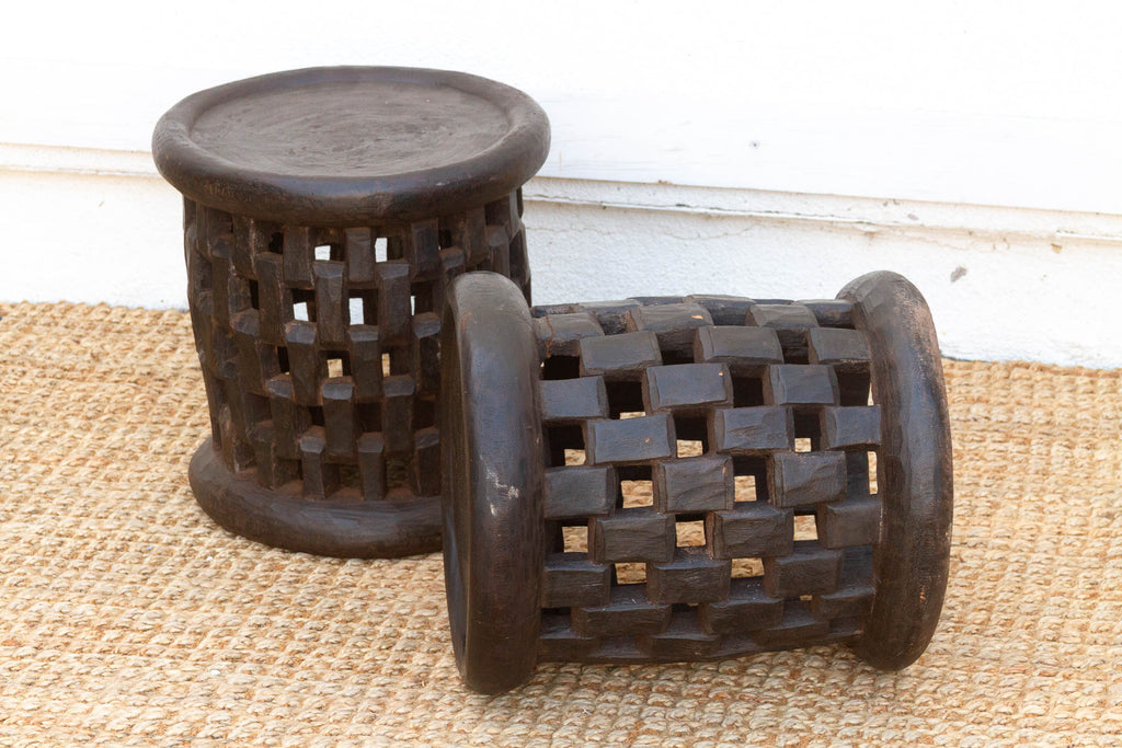 Set of 2, Bamileke Carved Geometric Lattice End Tables