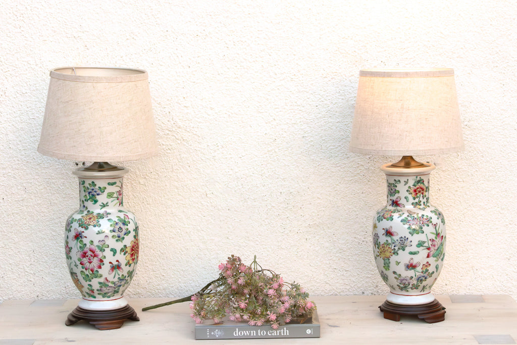 Pair of Antique Peony Chinese Porcelain Lamp