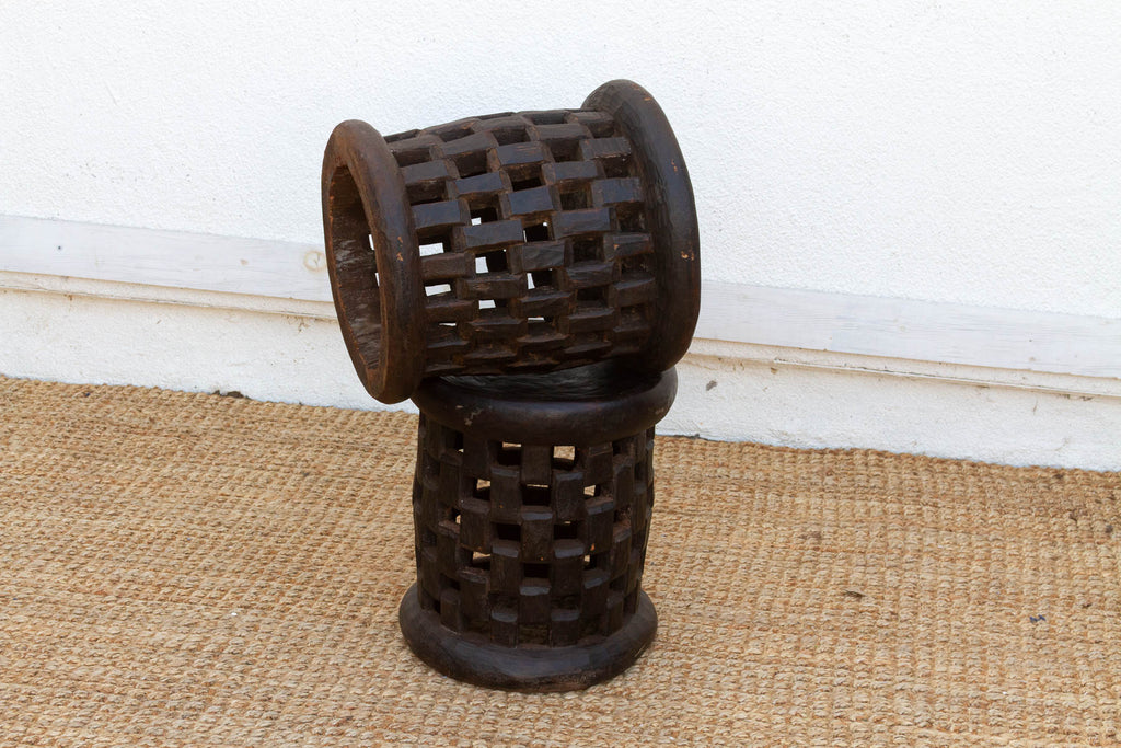 Set of 2, Bamileke Carved Geometric Lattice End Tables
