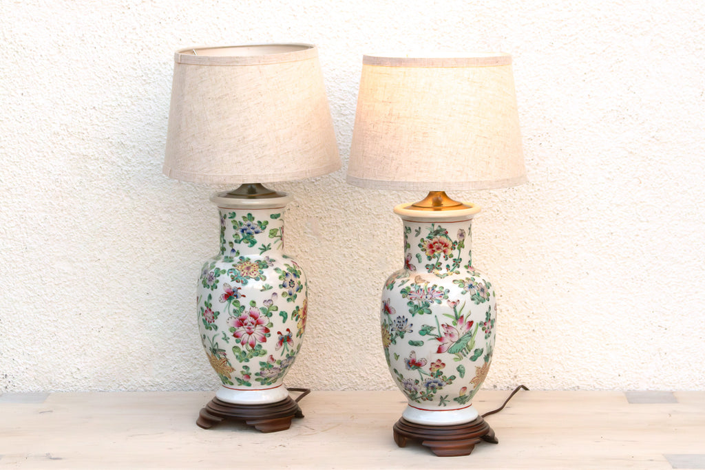 Pair of Antique Peony Chinese Porcelain Lamp