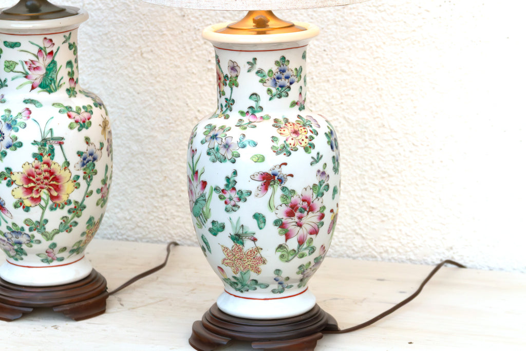 Pair of Antique Peony Chinese Porcelain Lamp