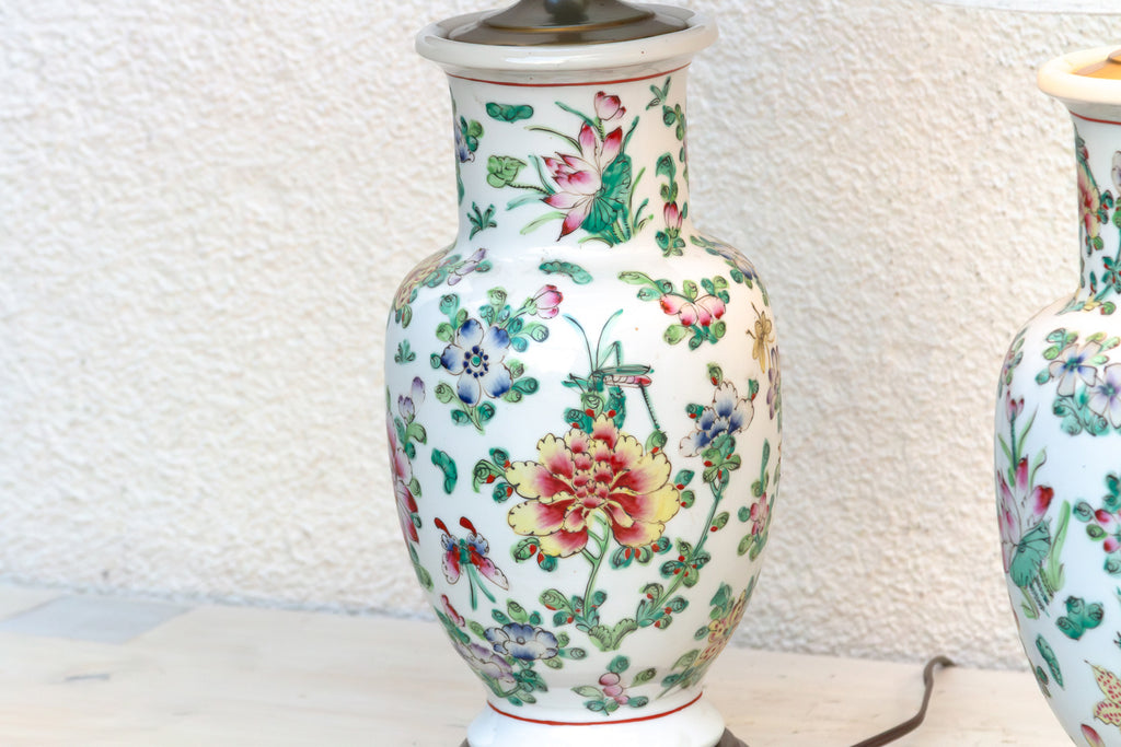 Pair of Antique Peony Chinese Porcelain Lamp