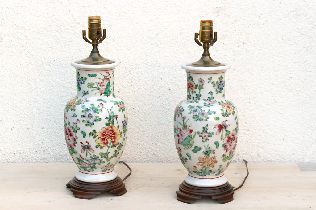 Pair of Antique Peony Chinese Porcelain Lamp