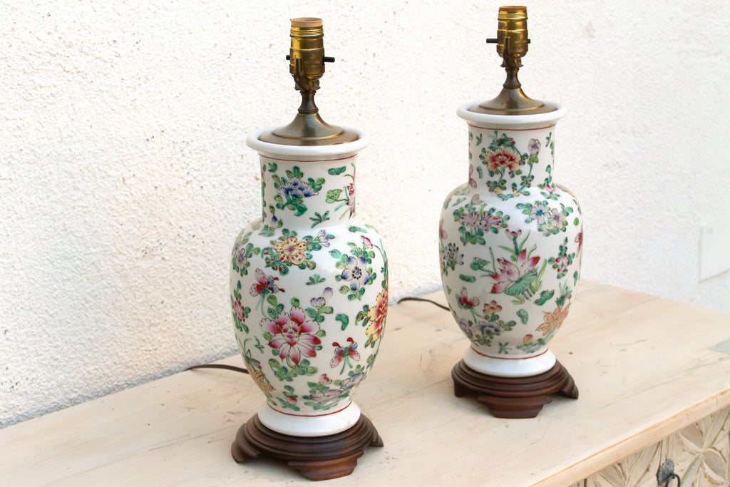 Pair of Antique Peony Chinese Porcelain Lamp