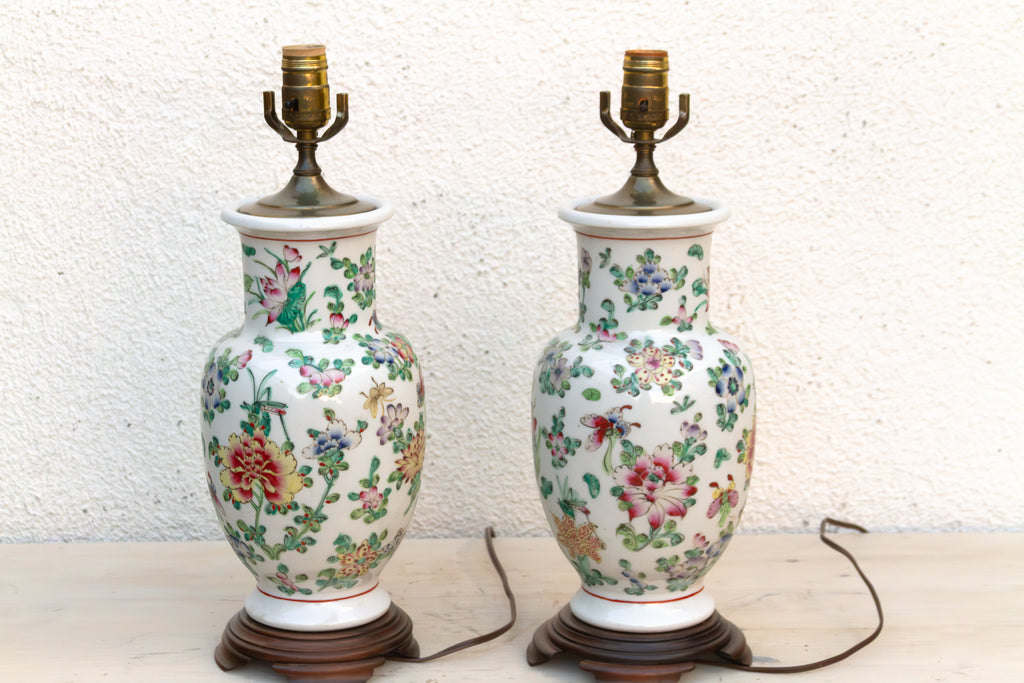 Pair of Antique Peony Chinese Porcelain Lamp