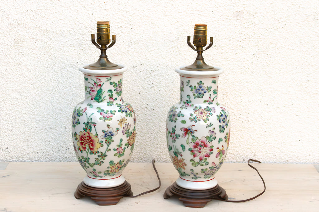 Pair of Antique Peony Chinese Porcelain Lamp