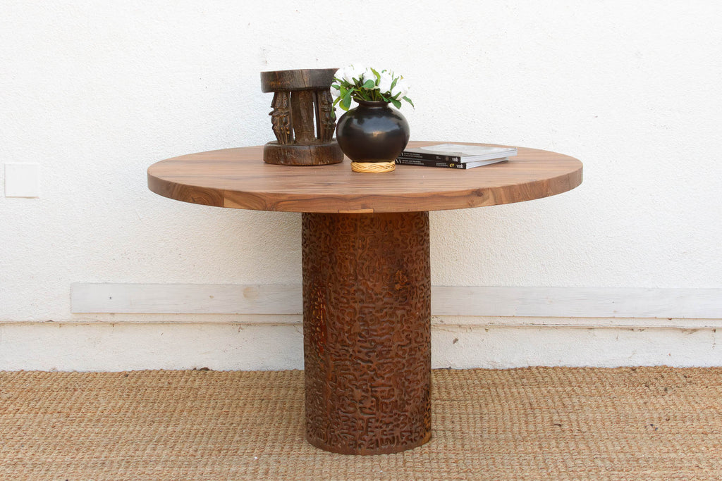 Finely Carved Reclaimed Teak Round Pedestal Dining Table