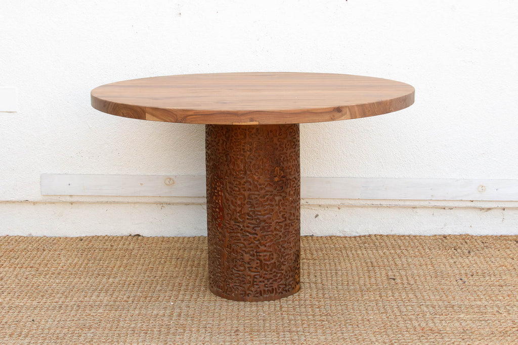 Finely Carved Reclaimed Teak Round Pedestal Dining Table