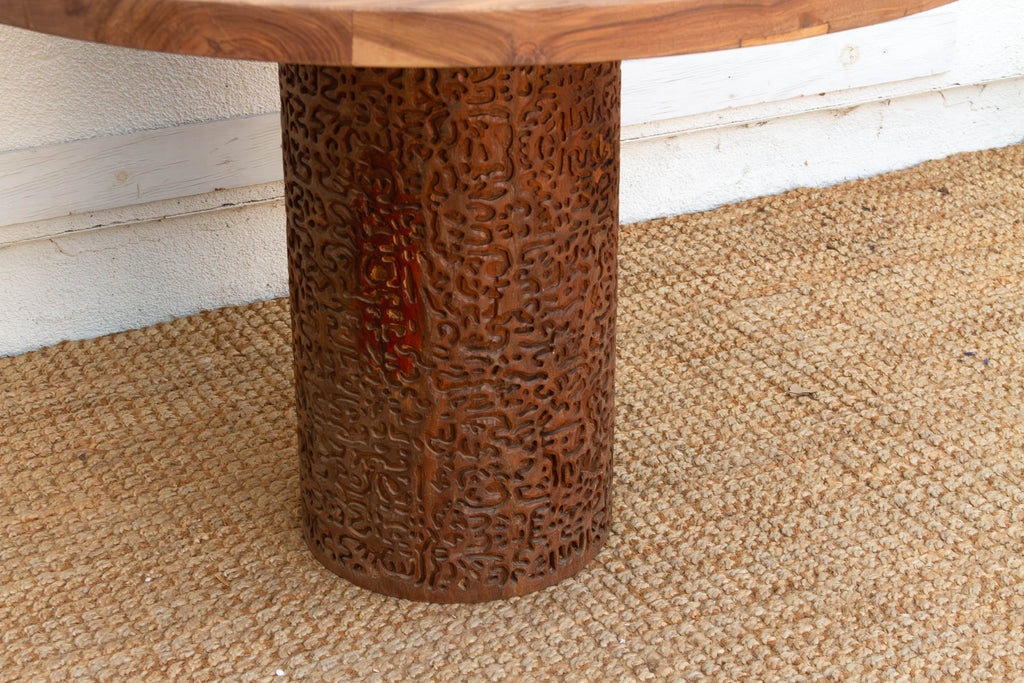 Finely Carved Reclaimed Teak Round Pedestal Dining Table
