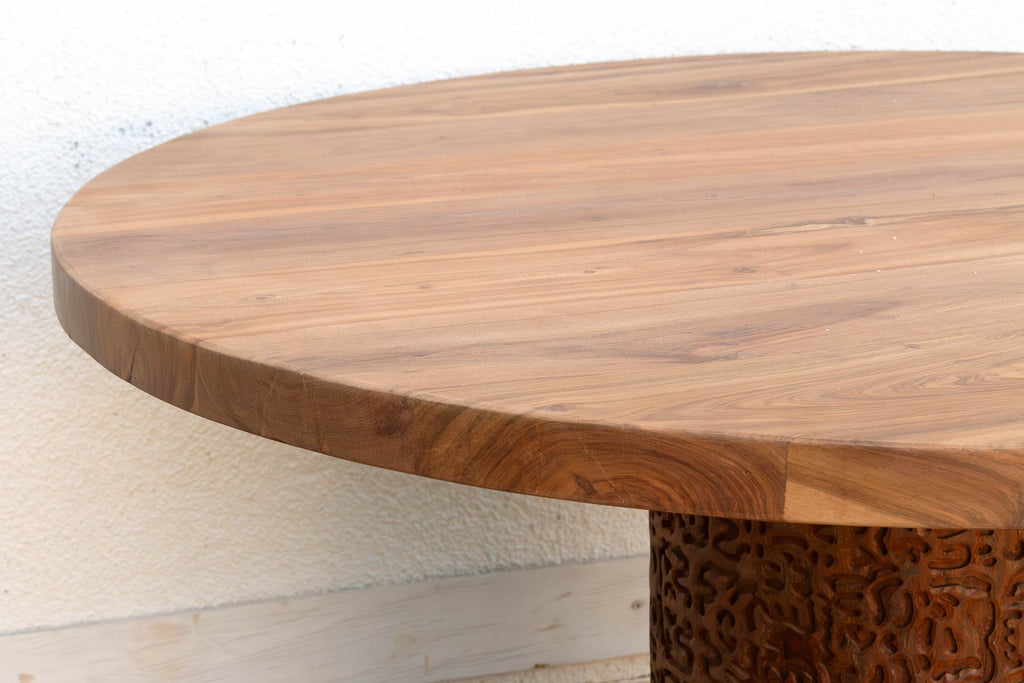 Finely Carved Reclaimed Teak Round Pedestal Dining Table