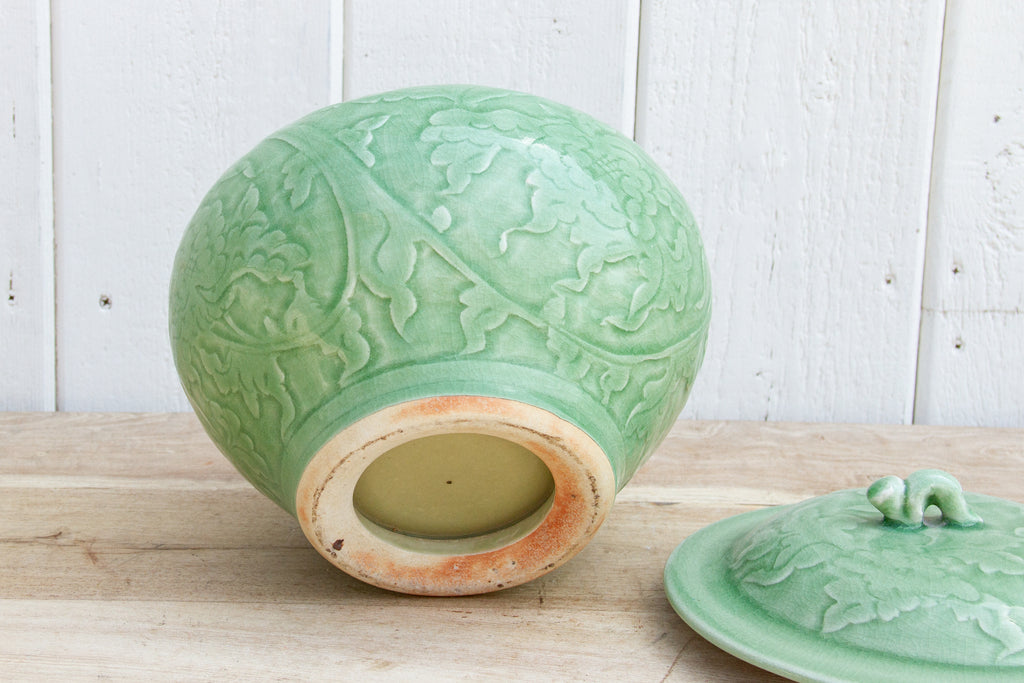 Engraved Celadon Lime Green Jar