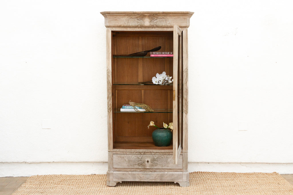 Antique French Louis Philippe Bleached Walnut Glass Bookcase