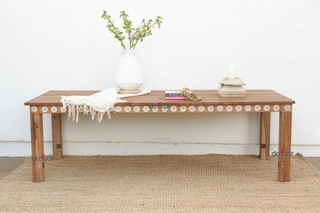 Mother of Pearl Inlaid Reclaimed Teak Dining Table