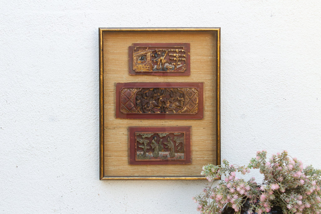 Antique Framed Carved Wood Relief Chinese Panels