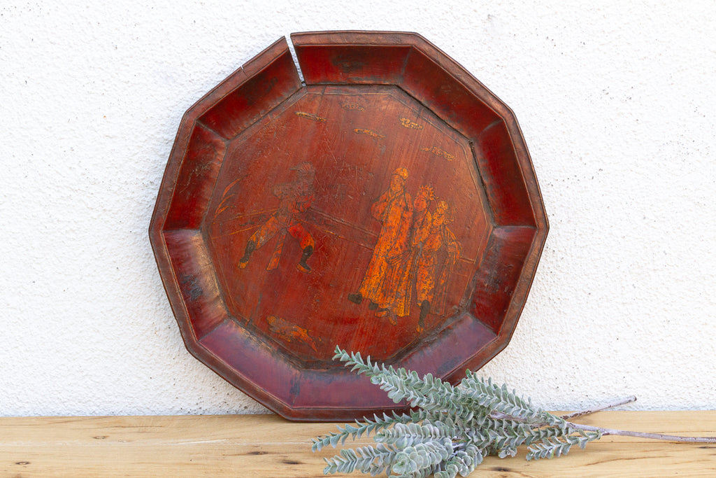 Antique Wooden Platter with Figurative Gilt Scene