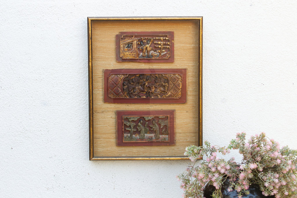 Antique Framed Carved Wood Relief Chinese Panels