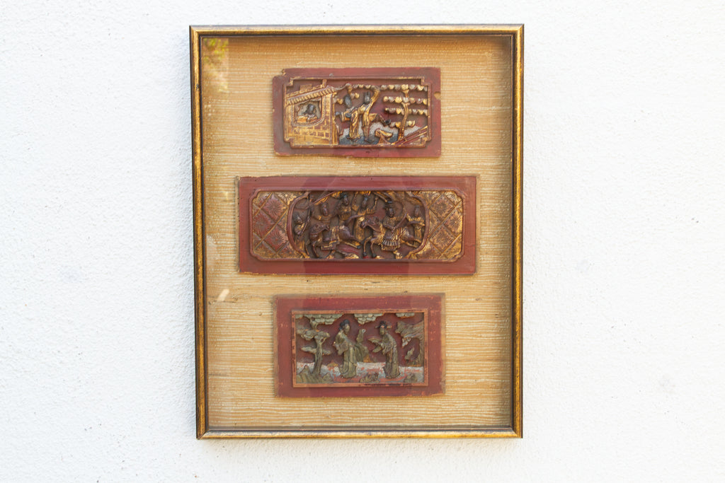Antique Framed Carved Wood Relief Chinese Panels