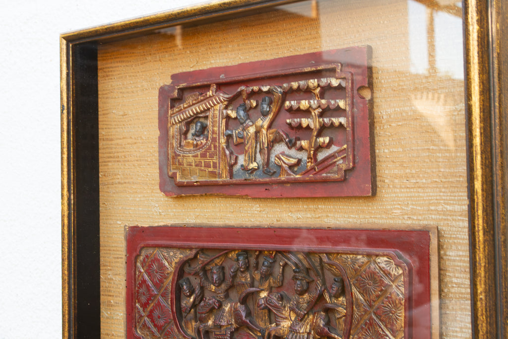Antique Framed Carved Wood Relief Chinese Panels
