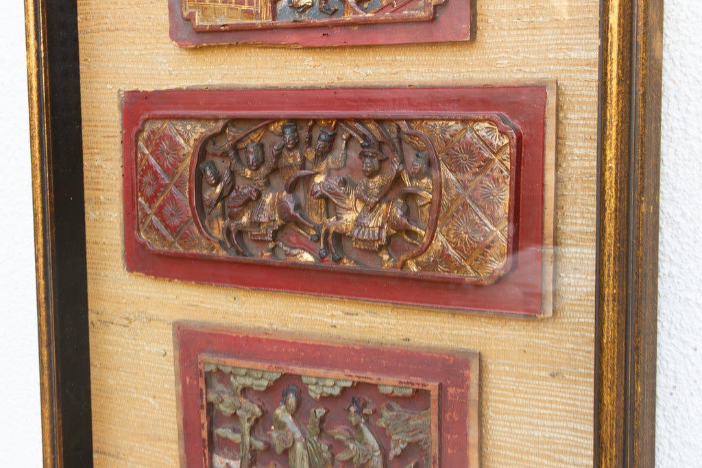 Antique Framed Carved Wood Relief Chinese Panels