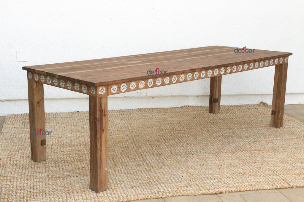 Mother of Pearl Inlaid Reclaimed Teak Dining Table