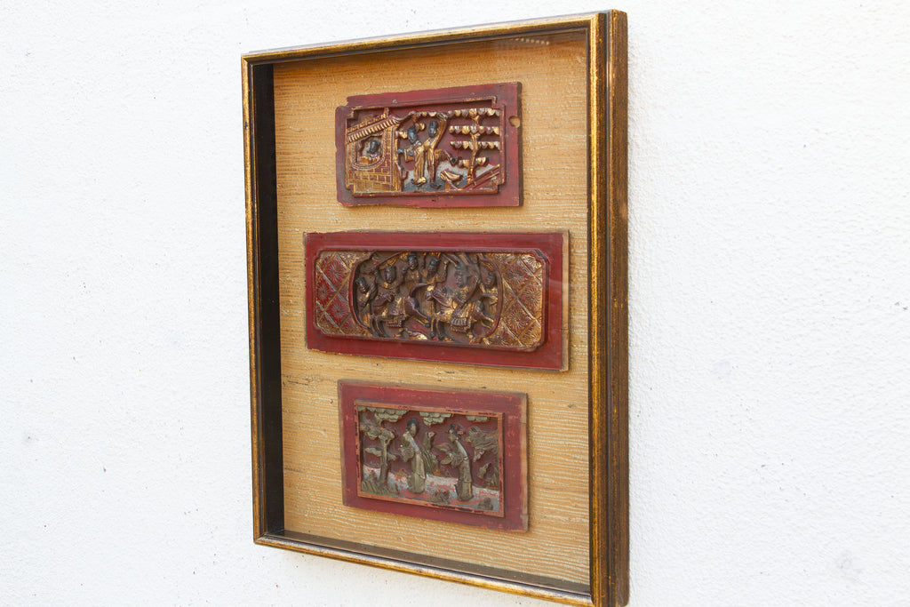 Antique Framed Carved Wood Relief Chinese Panels
