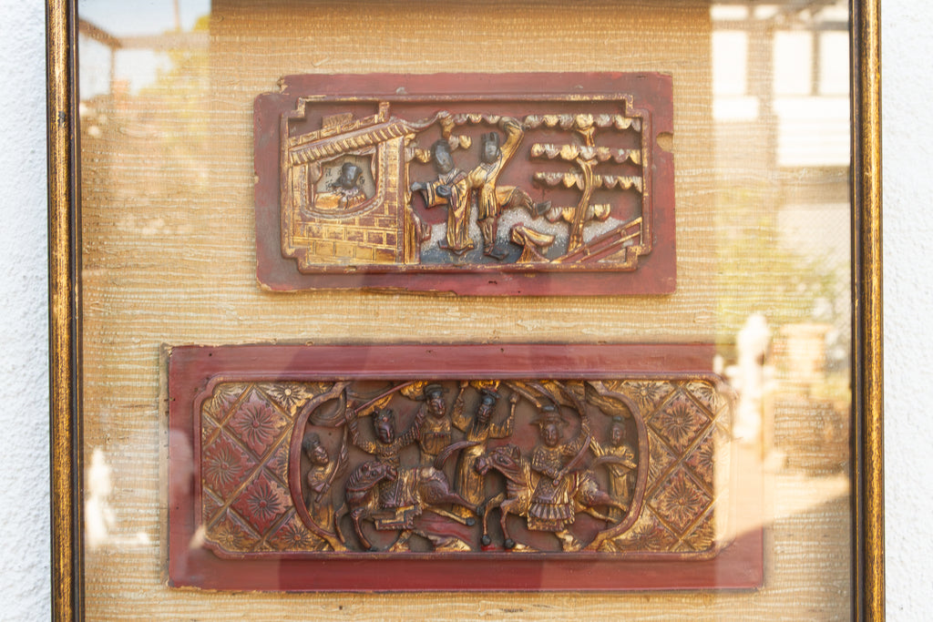 Antique Framed Carved Wood Relief Chinese Panels