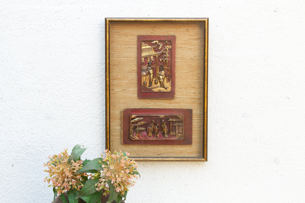 Framed Antique Gilt Chinese Carving Set