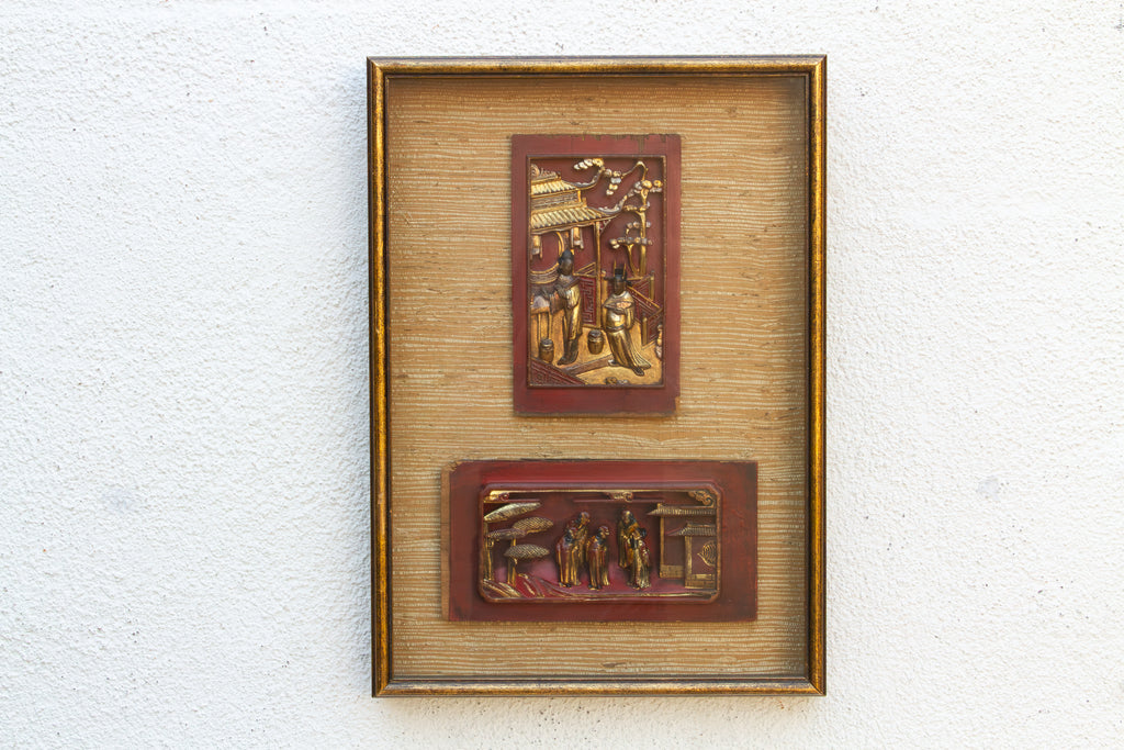 Framed Antique Gilt Chinese Carving Set