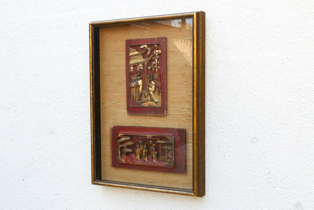 Framed Antique Gilt Chinese Carving Set