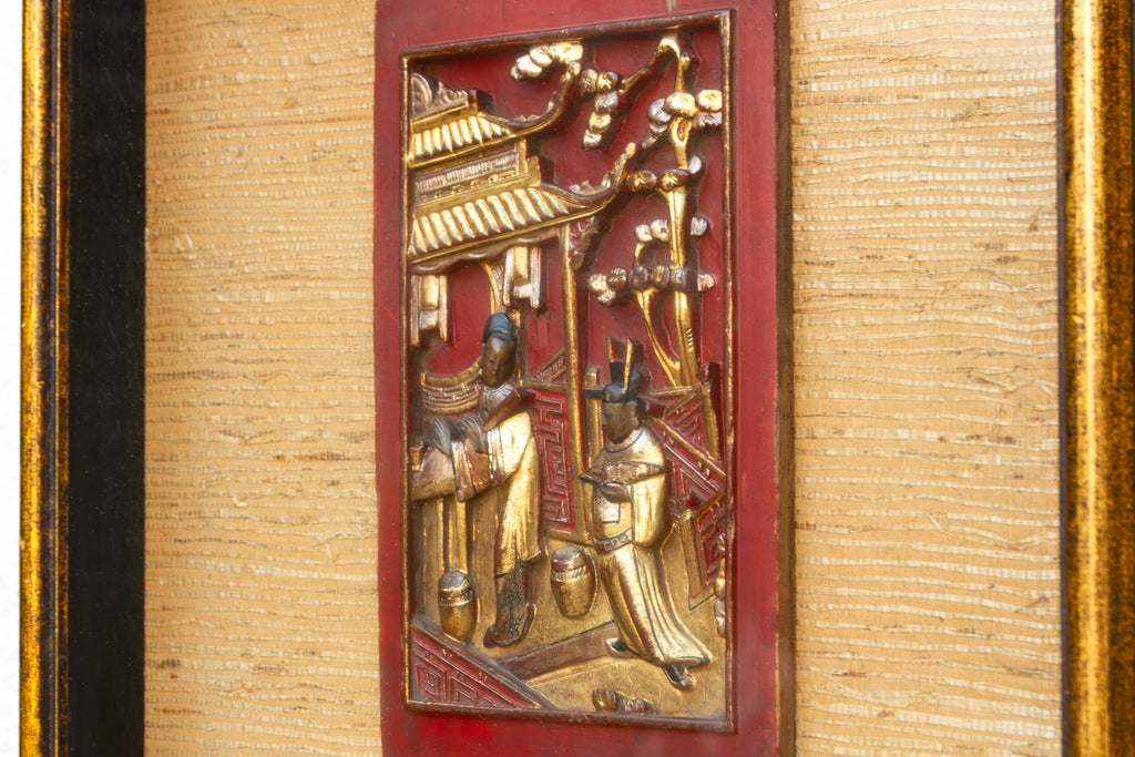 Framed Antique Gilt Chinese Carving Set