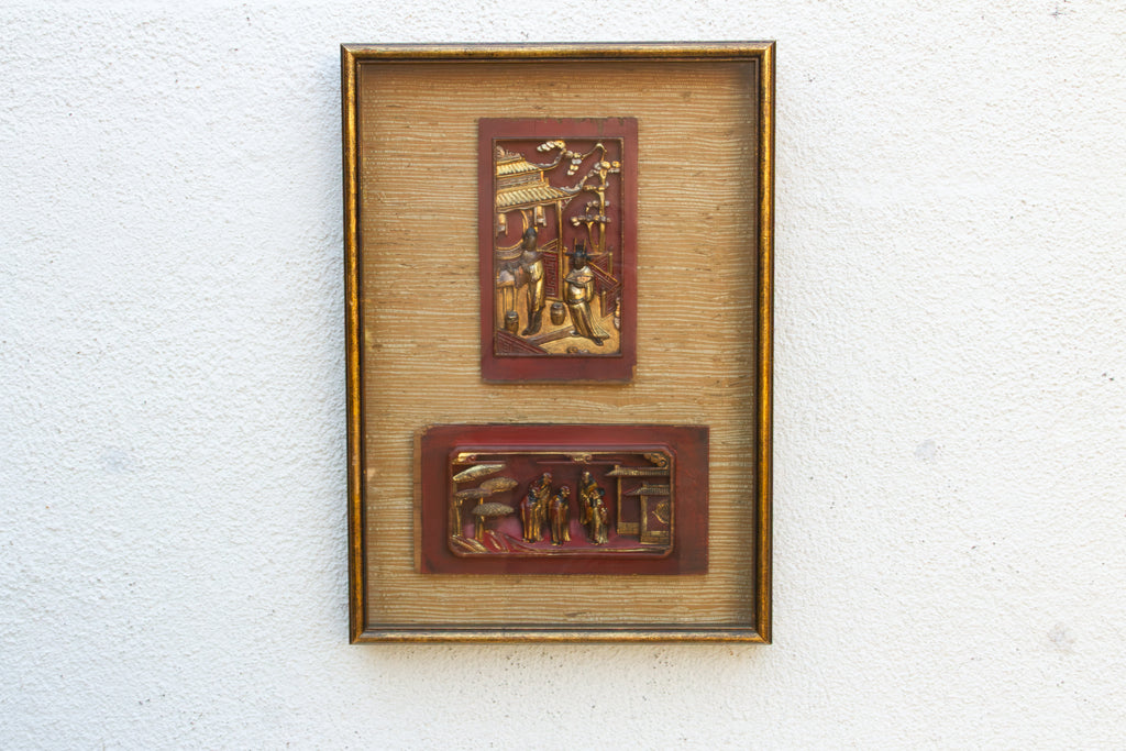 Framed Antique Gilt Chinese Carving Set