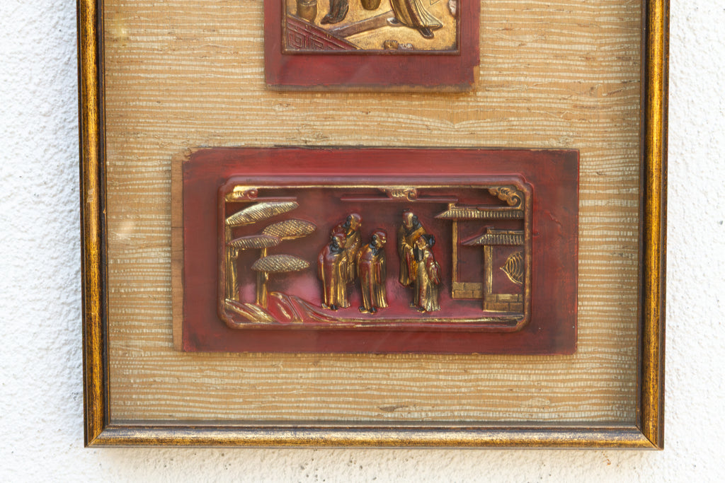 Framed Antique Gilt Chinese Carving Set