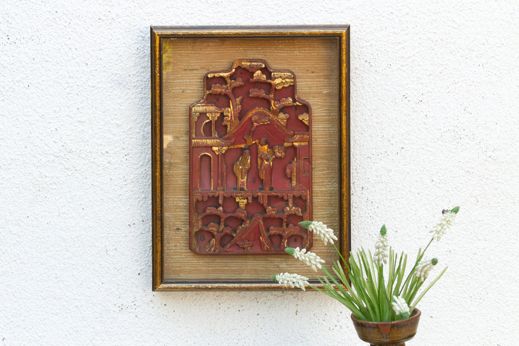 Antique Framed Red & Gilt Carved Wall Art