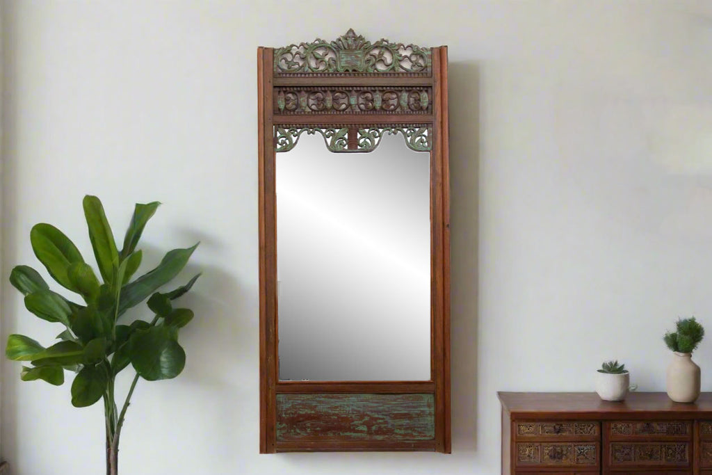 Antique Architectural Teak Carved & Painted Mirror