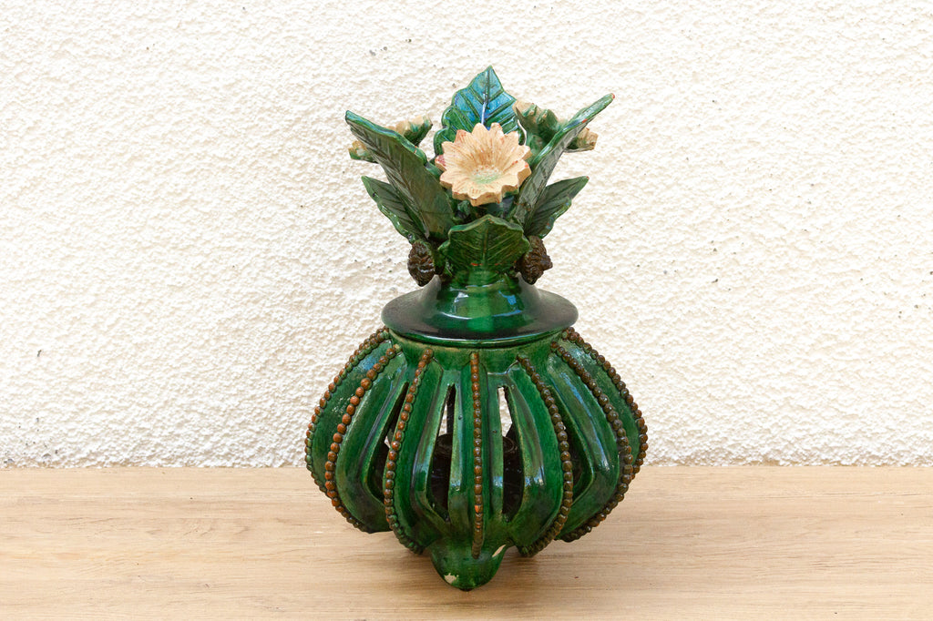 Vintage Green Glaze Michoacán Floral Jar