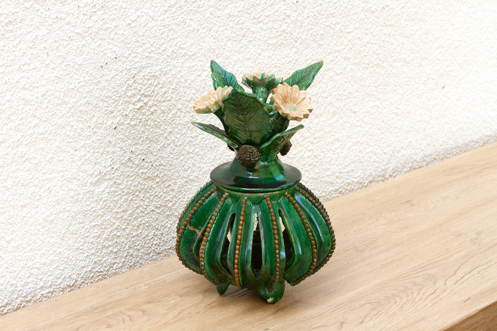 Vintage Green Glaze Michoacán Floral Jar