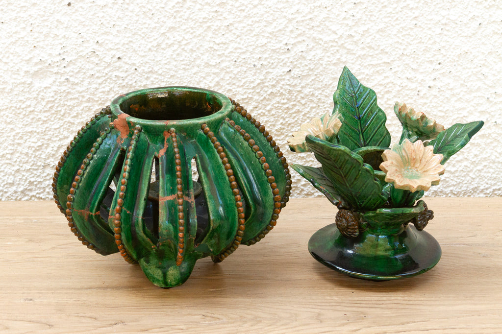 Vintage Green Glaze Michoacán Floral Jar