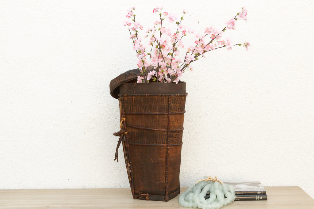 Antique Tall Cylindrical Basket with Fitted Lid