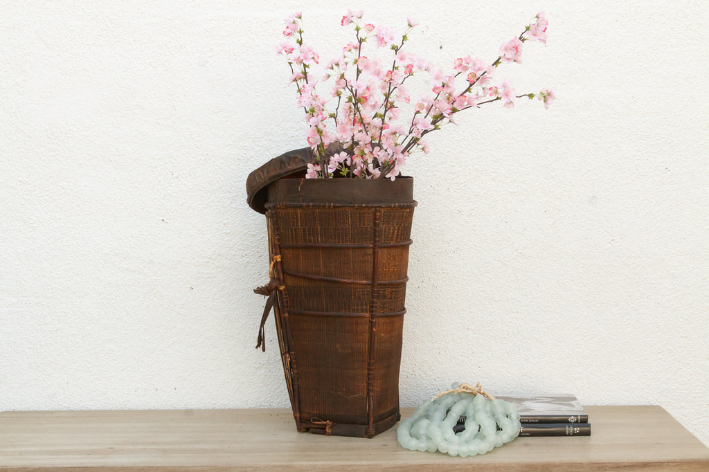 Antique Tall Cylindrical Basket with Fitted Lid