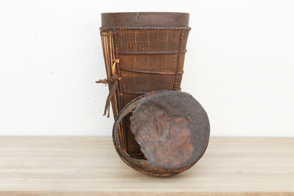 Antique Tall Cylindrical Basket with Fitted Lid