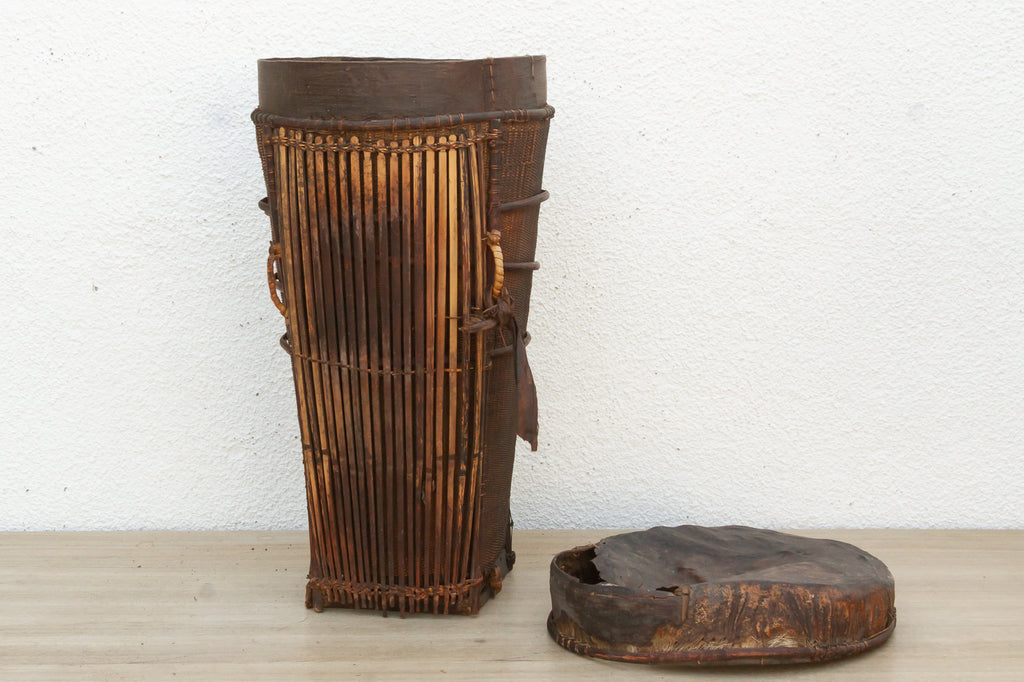 Antique Tall Cylindrical Basket with Fitted Lid