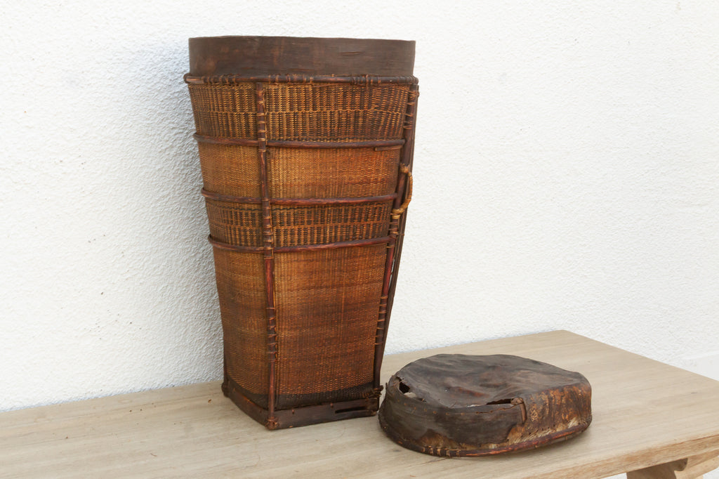 Antique Tall Cylindrical Basket with Fitted Lid