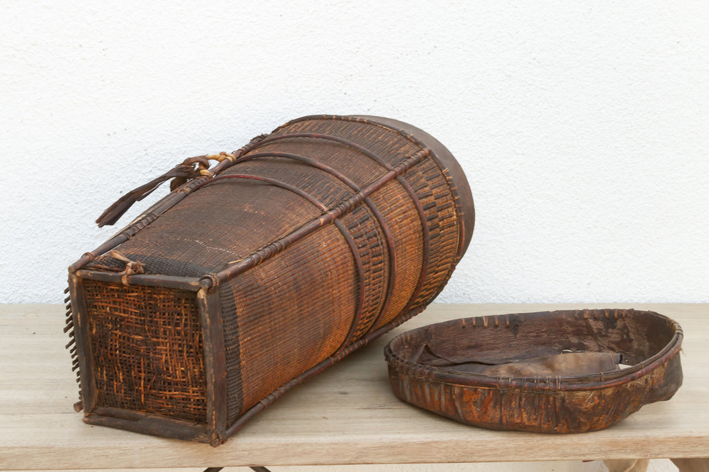 Antique Tall Cylindrical Basket with Fitted Lid