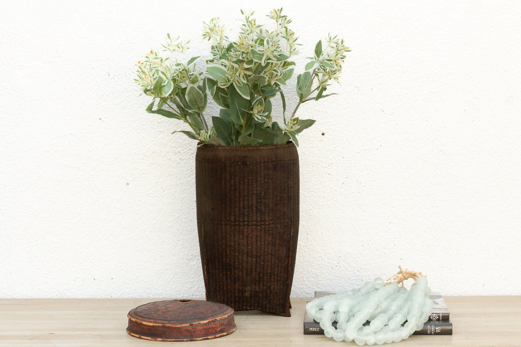 Dark Patinated Brown Woven Basket w/Lid