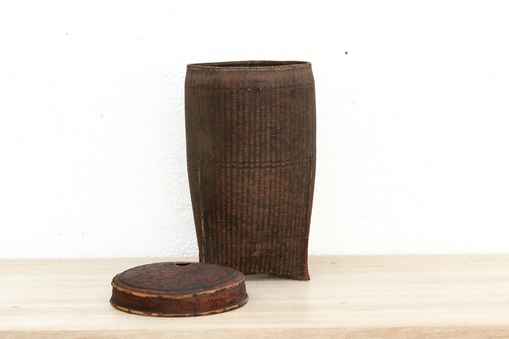 Dark Patinated Brown Woven Basket w/Lid
