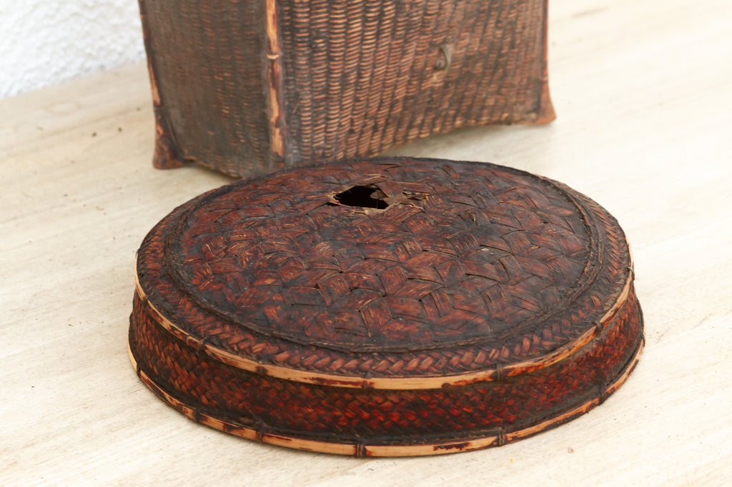 Dark Patinated Brown Woven Basket w/Lid